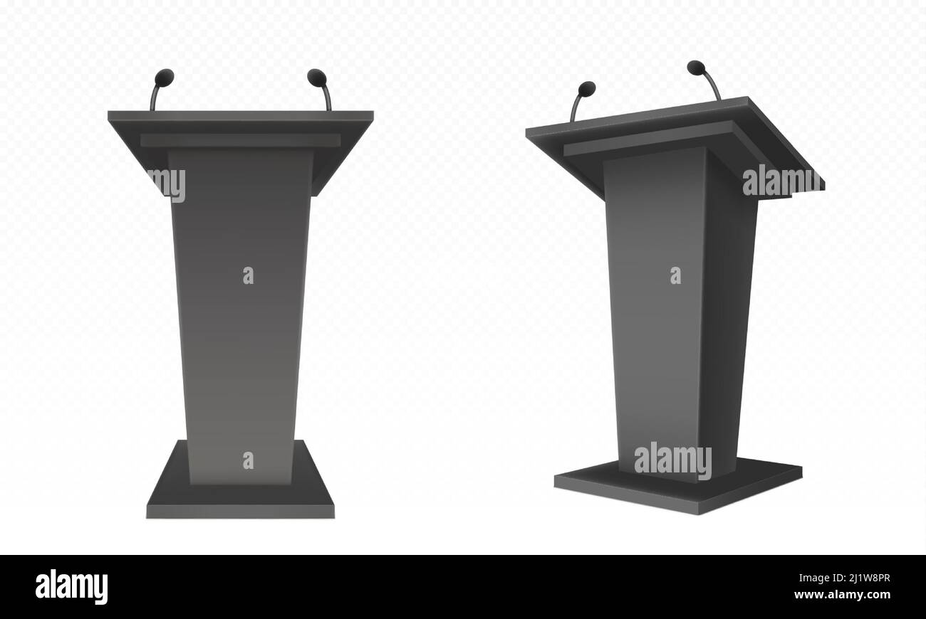 Pulpito nero, podio o tribune vista laterale anteriore. Stativo a rostro con microfono per dibattiti in conferenza, trofeo isolato su trasparente. Presen di affari Illustrazione Vettoriale