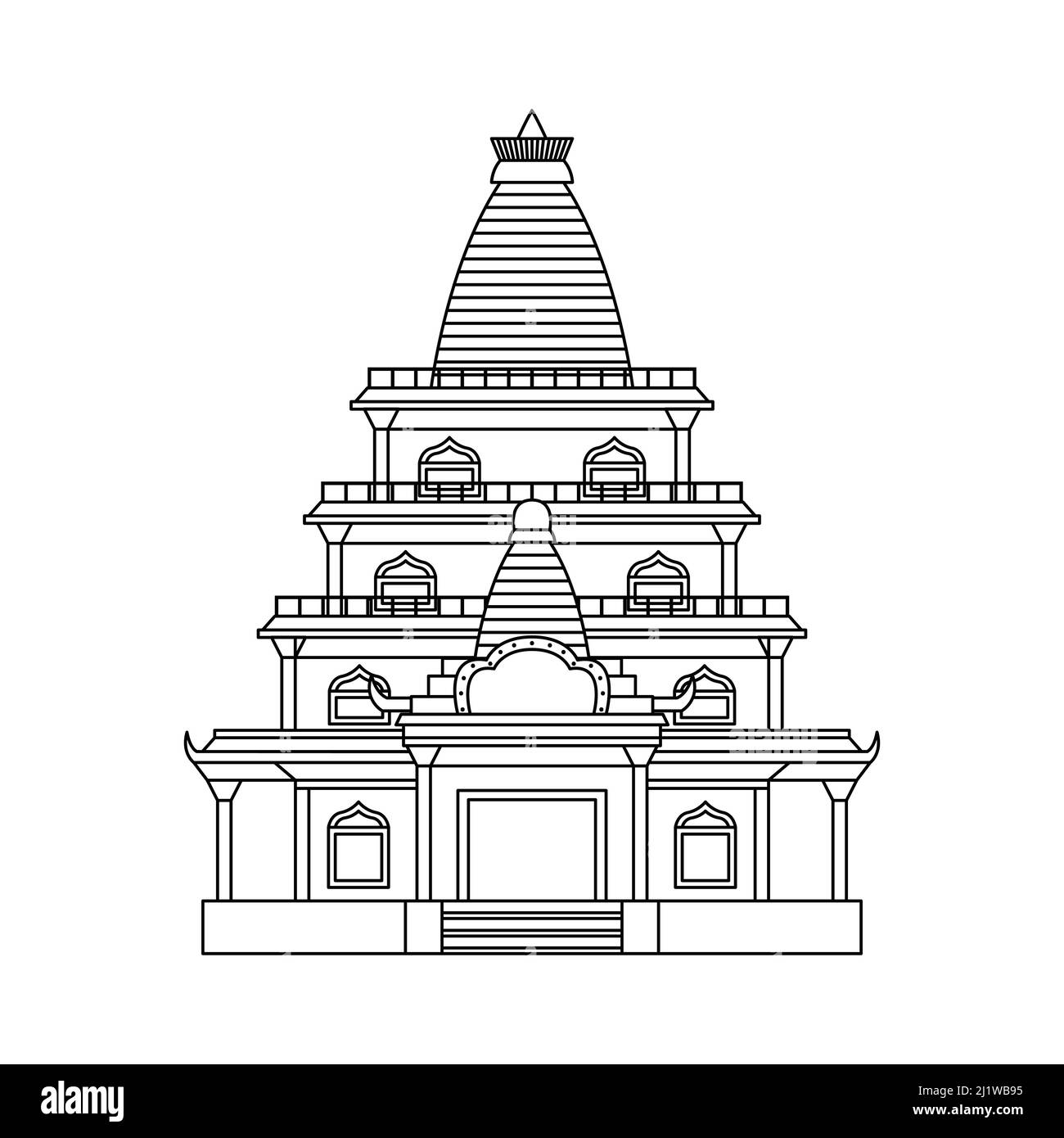 Illustrazione vettoriale di un tempio buddista. Edificio architettonico religioso. Contorno Illustrazione Vettoriale