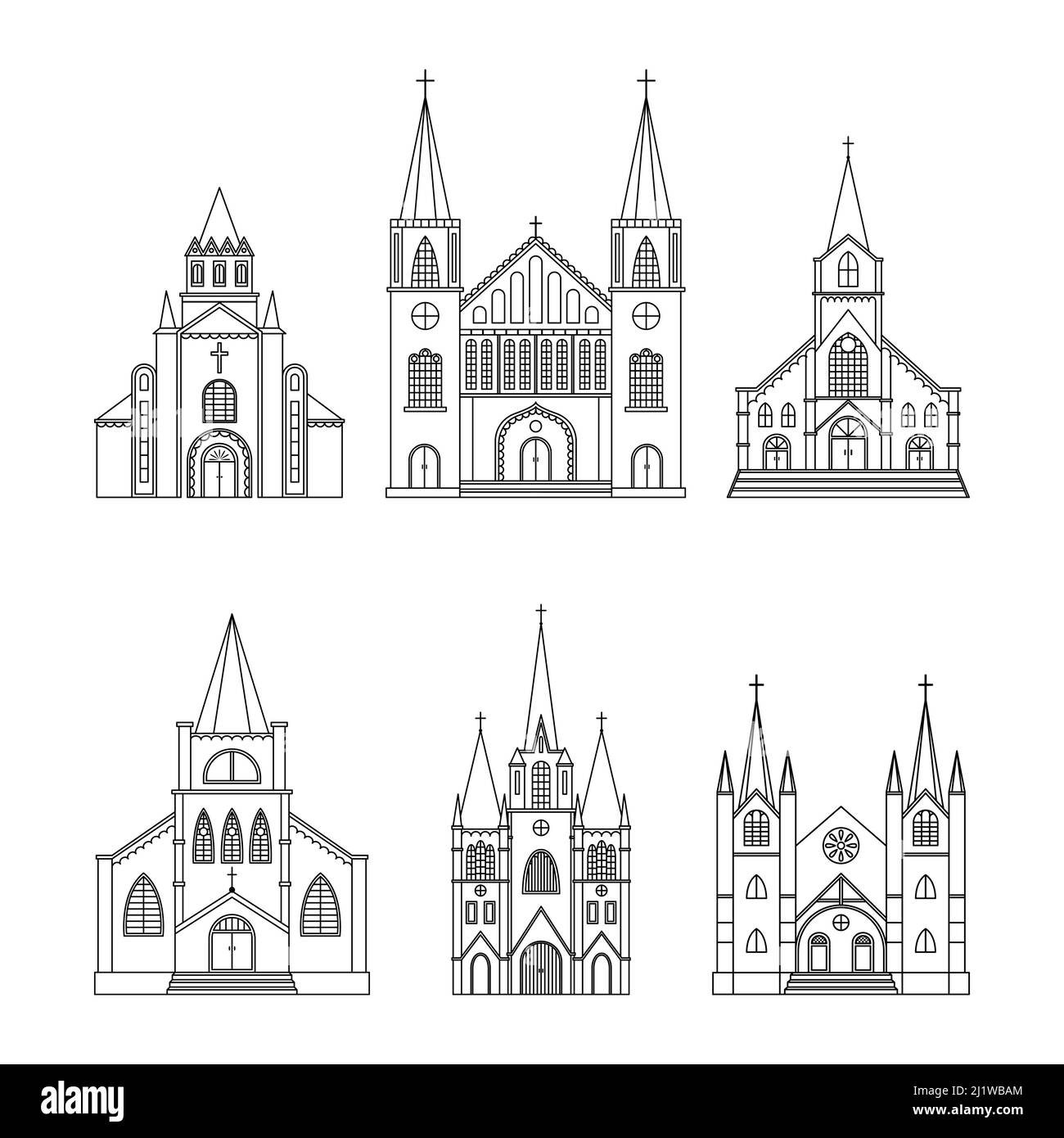 Set vettoriale di illustrazioni delle chiese cattoliche. Edificio architettonico religioso. Contorno Illustrazione Vettoriale