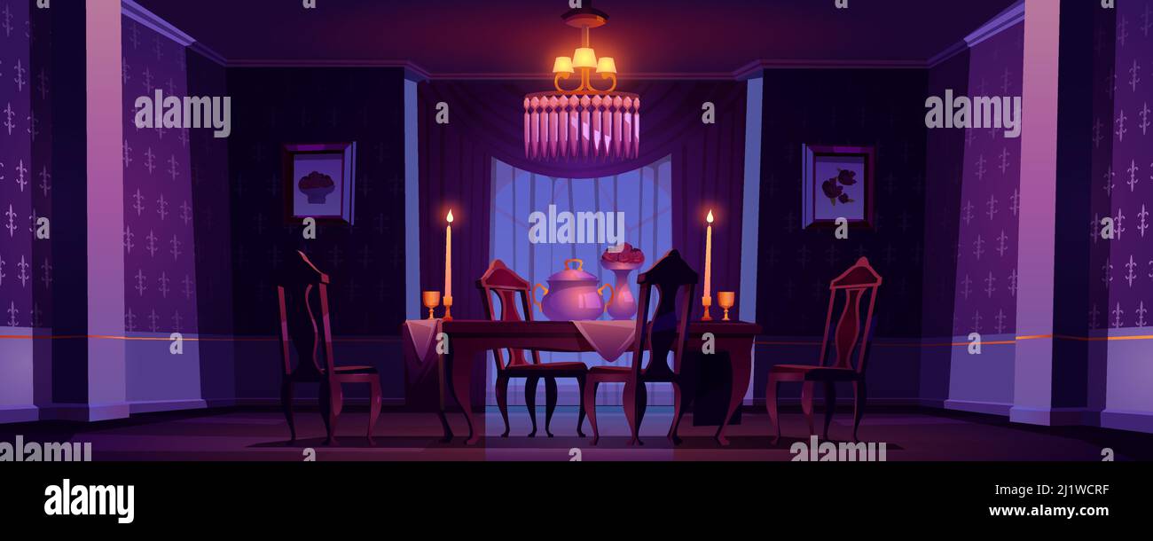 Gli interni della sala da pranzo sono in classico stile vittoriano con candele bruciate di notte. Cartoni animati vettoriali illustrazione di mobili barocchi d'epoca in vecchio banchetto Illustrazione Vettoriale