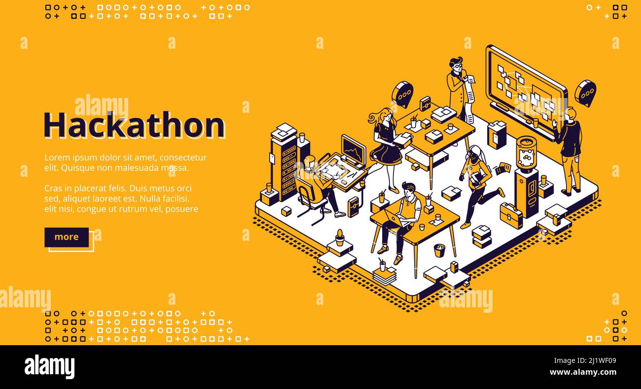 Pagina di destinazione isometrica di hackathon. Team di programmatori informatici, project manager, progettisti grafici sviluppano software, codificazione, creazione di layout adattativi, Illustrazione Vettoriale
