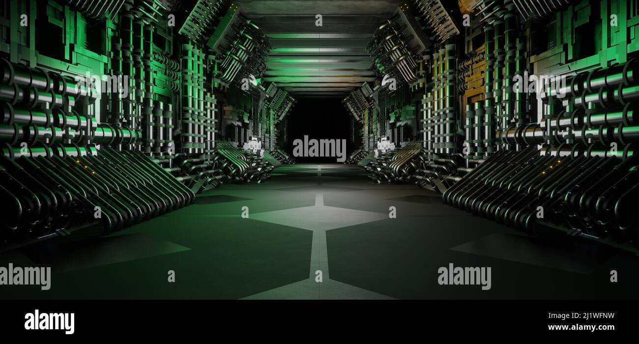 Neon Glow futuristico Alien Interior Studio vuoto Verde scuro Cyberpunk sfondo con spazio per i prodotti 3D Illustrazione Foto Stock