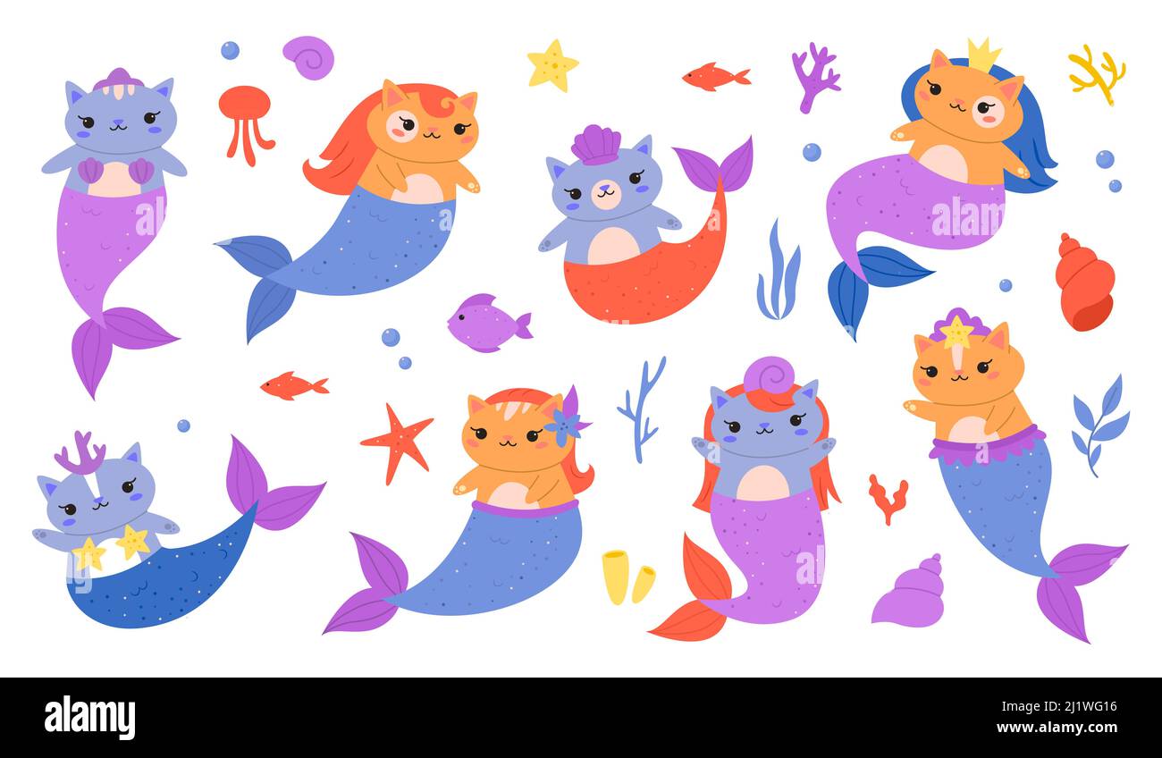 Felini di mermaids. Piccoli gattini divertenti con coda di pesce e scale, carine creature dell'oceano delle fate, fauna magica subacquea, animali marini colorati, scarabeo girly Illustrazione Vettoriale