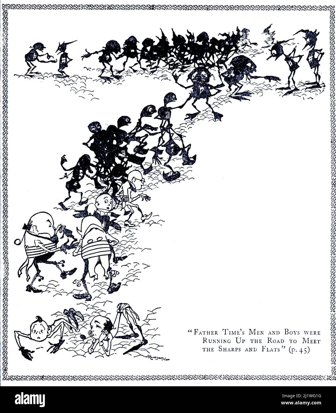 Gli uomini e i ragazzi di Padre Time stavano correndo sulla strada per incontrare gli Sharps e i Flats dal libro ' il libro di Betty Barber ' di Maggie Browne, il nome-penna di Margaret Andrewes née Hamer (1864-1937), illustrato da Arthur Rackham, Data di pubblicazione 1914 Editore Boston, R. G. Badger Foto Stock