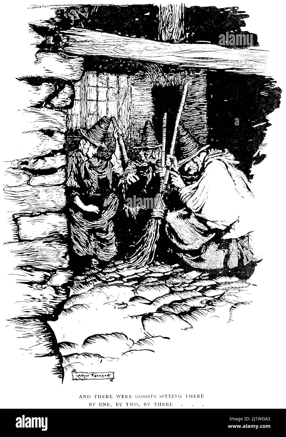 E c'erano Gossips seduti lì per uno, per due per tre dal libro 'le leggende Ingoldsby; o, Mirth & Marvels' di Thomas Ingoldsby, illustrato da Arthur Rackham, Pubblicazione data 1907 Editore Londra, Dent; New York, Dutton. Le Ingoldsby Legends (titolo completo: The Ingoldsby Legends, o Mirth e Marvels) sono una raccolta di miti, leggende, storie di fantasmi e poesie scritte presumibilmente da Thomas Ingoldsby di Tappington Manor, in realtà un pseudonimo di un clergyman inglese di nome Richard Harris Barham. Foto Stock