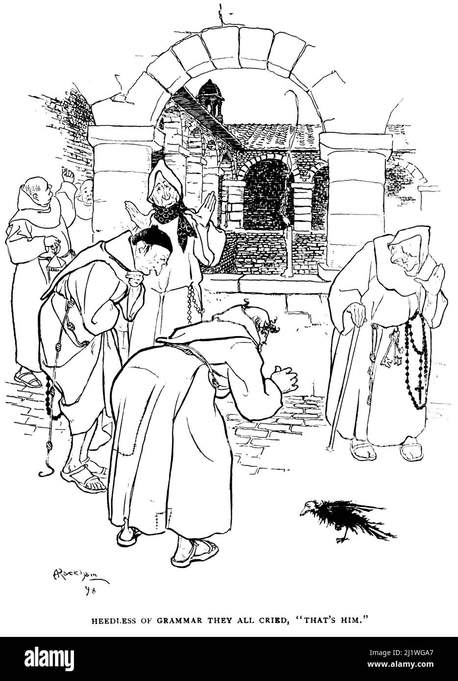 Il Jackdaw di Reims - senza vedenti di Grammar tutti gridarono che è lui dal libro ' The Ingoldsby Legends; or, Mirth & Marvels ' di Thomas Ingoldsby, illustrato da Arthur Rackham, anno di pubblicazione 1907 Editore Londra, Dent; New York, Dutton. Le Ingoldsby Legends (titolo completo: The Ingoldsby Legends, o Mirth e Marvels) sono una raccolta di miti, leggende, storie di fantasmi e poesie scritte presumibilmente da Thomas Ingoldsby di Tappington Manor, in realtà un pseudonimo di un clergyman inglese di nome Richard Harris Barham. Foto Stock