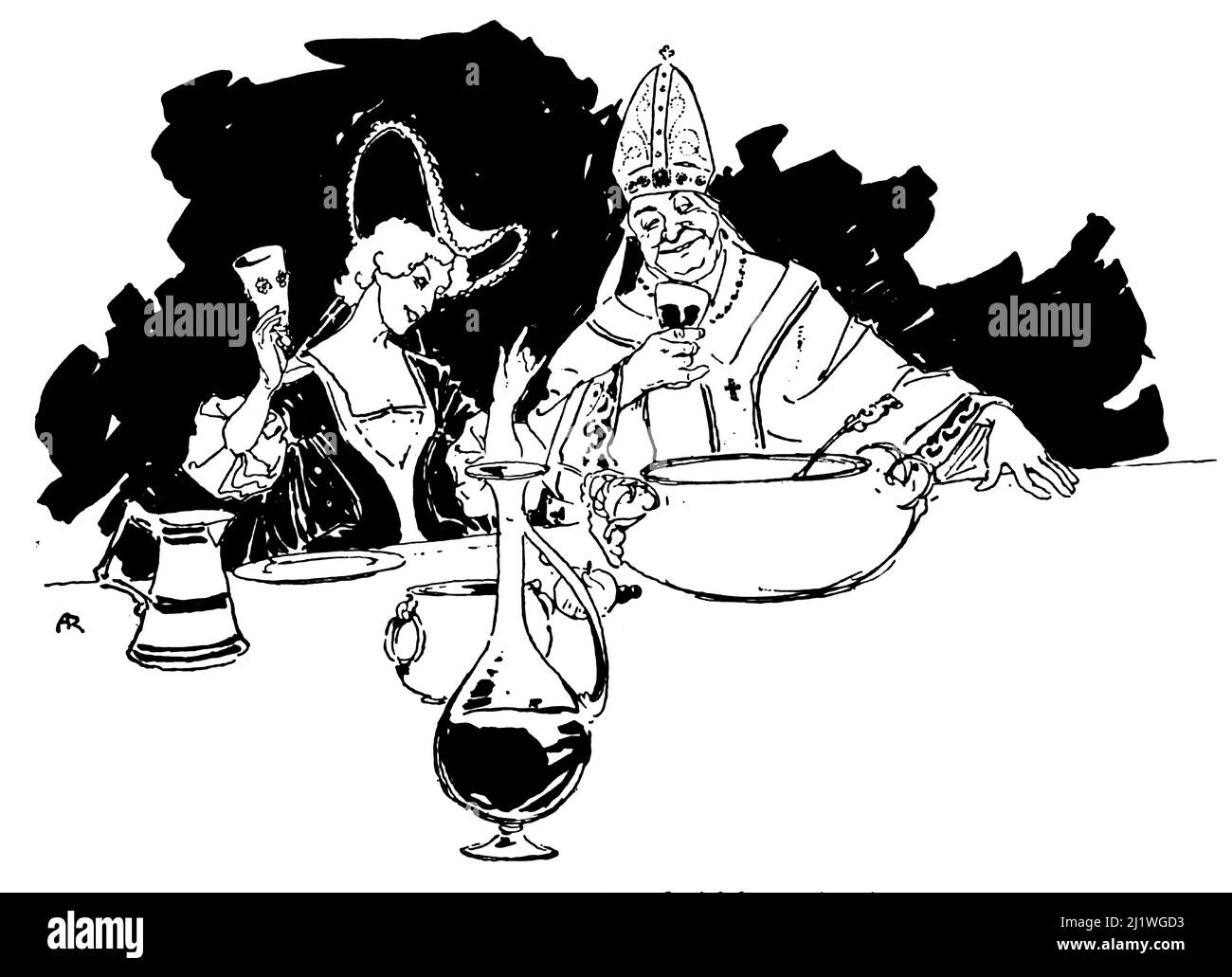 Un laico del vescovo di San Nicola che ha una festa dal libro 'le leggende di Ingoldsby; OR, Mirth & Marvels ' di Thomas Ingoldsby, illustrato da Arthur Rackham, anno di pubblicazione 1907 Editore Londra, Dent; New York, Dutton. Le Ingoldsby Legends (titolo completo: The Ingoldsby Legends, o Mirth e Marvels) sono una raccolta di miti, leggende, storie di fantasmi e poesie scritte presumibilmente da Thomas Ingoldsby di Tappington Manor, in realtà un pseudonimo di un clergyman inglese di nome Richard Harris Barham. Foto Stock