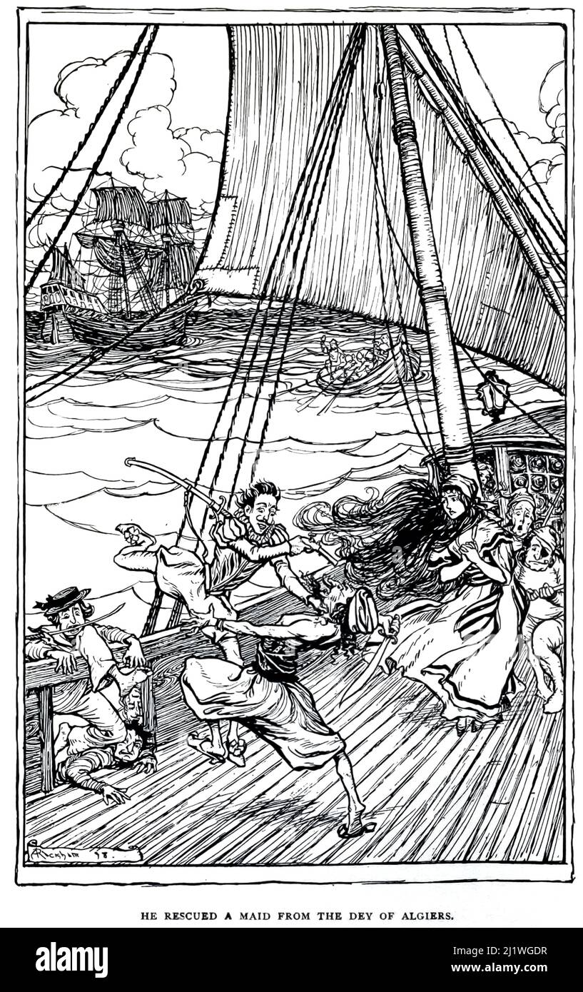 Alcuni conti di una New Play - ha salvato una Maid dal Dey of Algeri dal libro ' The Ingoldsby Legends; OR, Mirth & Marvels ' di Thomas Ingoldsby, illustrato da Arthur Rackham, Data di pubblicazione 1907 Editore Londra, Dent; New York, Dutton. Le Ingoldsby Legends (titolo completo: The Ingoldsby Legends, o Mirth e Marvels) sono una raccolta di miti, leggende, storie di fantasmi e poesie scritte presumibilmente da Thomas Ingoldsby di Tappington Manor, in realtà un pseudonimo di un clergyman inglese di nome Richard Harris Barham. Foto Stock