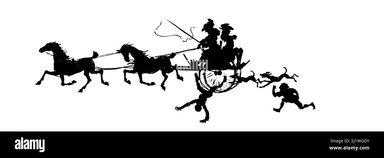 The Black Mousquetaire - silhouette di carrozza che corre sopra i pedoni dal libro ' The Ingoldsby Legends; OR, Mirth & Marvels ' di Thomas Ingoldsby, illustrato da Arthur Rackham, Data di pubblicazione 1907 Editore Londra, Dent; New York, Dutton. Le Ingoldsby Legends (titolo completo: The Ingoldsby Legends, o Mirth e Marvels) sono una raccolta di miti, leggende, storie di fantasmi e poesie scritte presumibilmente da Thomas Ingoldsby di Tappington Manor, in realtà un pseudonimo di un clergyman inglese di nome Richard Harris Barham. Foto Stock