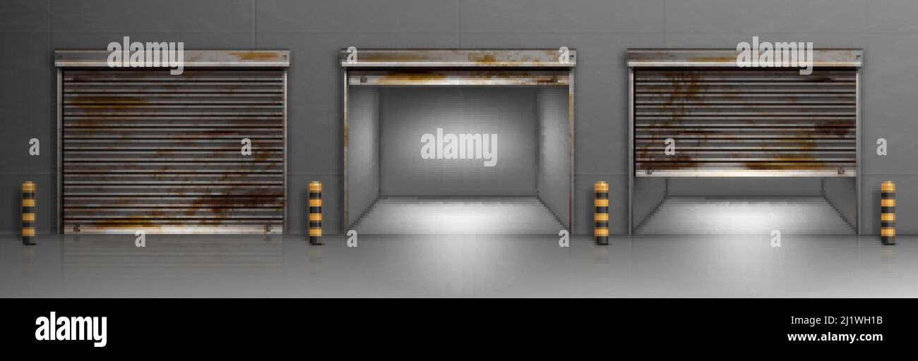 Porte per garage arrugginite, ingressi per magazzini con serrande ferruginose aperte e chiuse. Scatole di hangar vuote, spazio di archiviazione vettoriale 3d realistico per parki auto Illustrazione Vettoriale