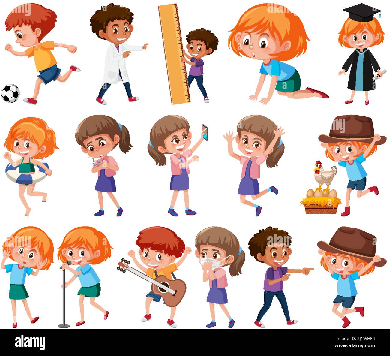 Set di bambini che svolgono attività diverse su sfondo bianco illustrazione Illustrazione Vettoriale