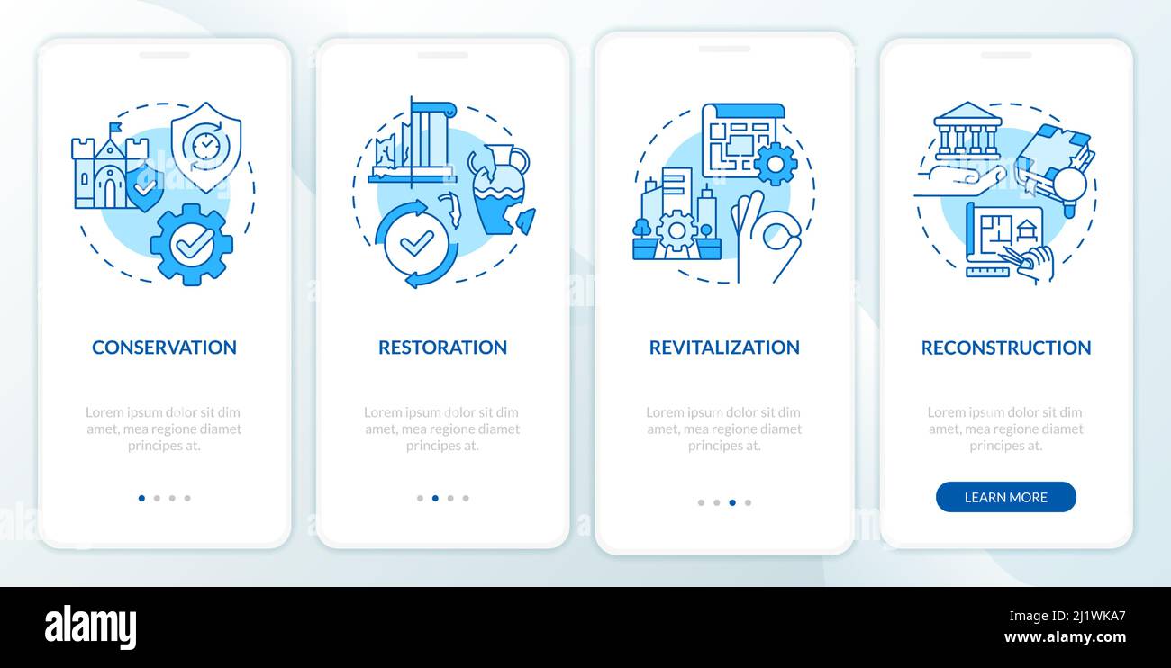 Tipi di conservazione del patrimonio culturale schermata blu dell'app mobile onboarding Illustrazione Vettoriale