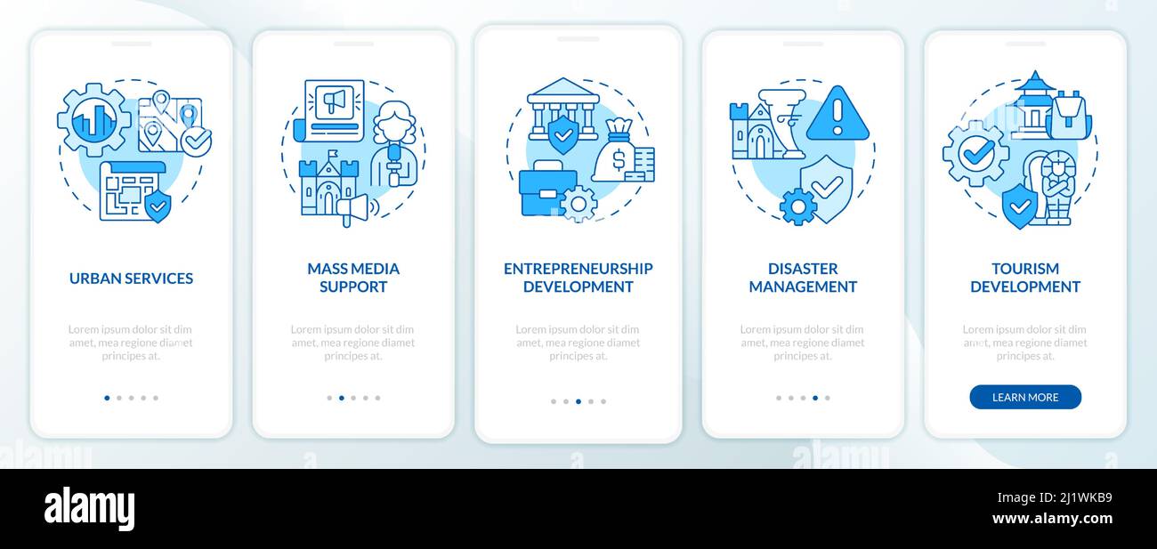 Attività di sviluppo schermata blu dell'app mobile onboarding Illustrazione Vettoriale