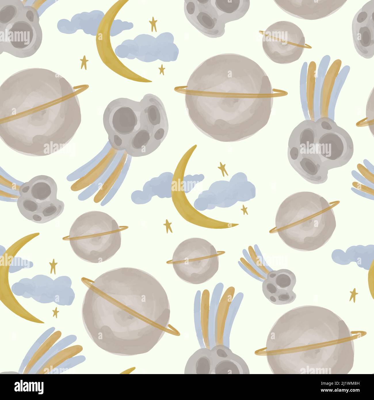 Pattern vettoriale senza giunture in stile boho con oggetti spaziali dipinti ad acquerello. Illustrazione Vettoriale