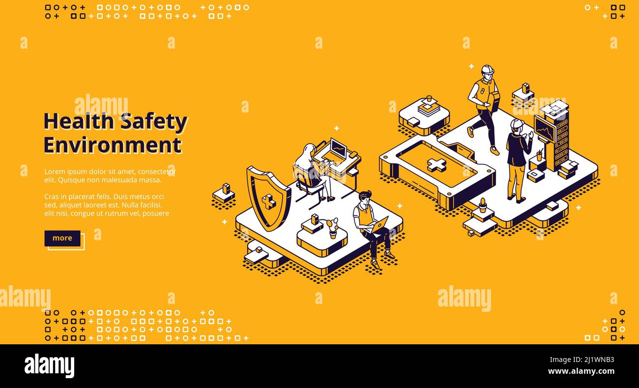 HSE, sicurezza sanitaria ambiente pagina di destinazione isometrica. I personaggi delle persone che lavorano in ufficio. Tutela dell'ambiente sanitario e lavoro sicuro Illustrazione Vettoriale