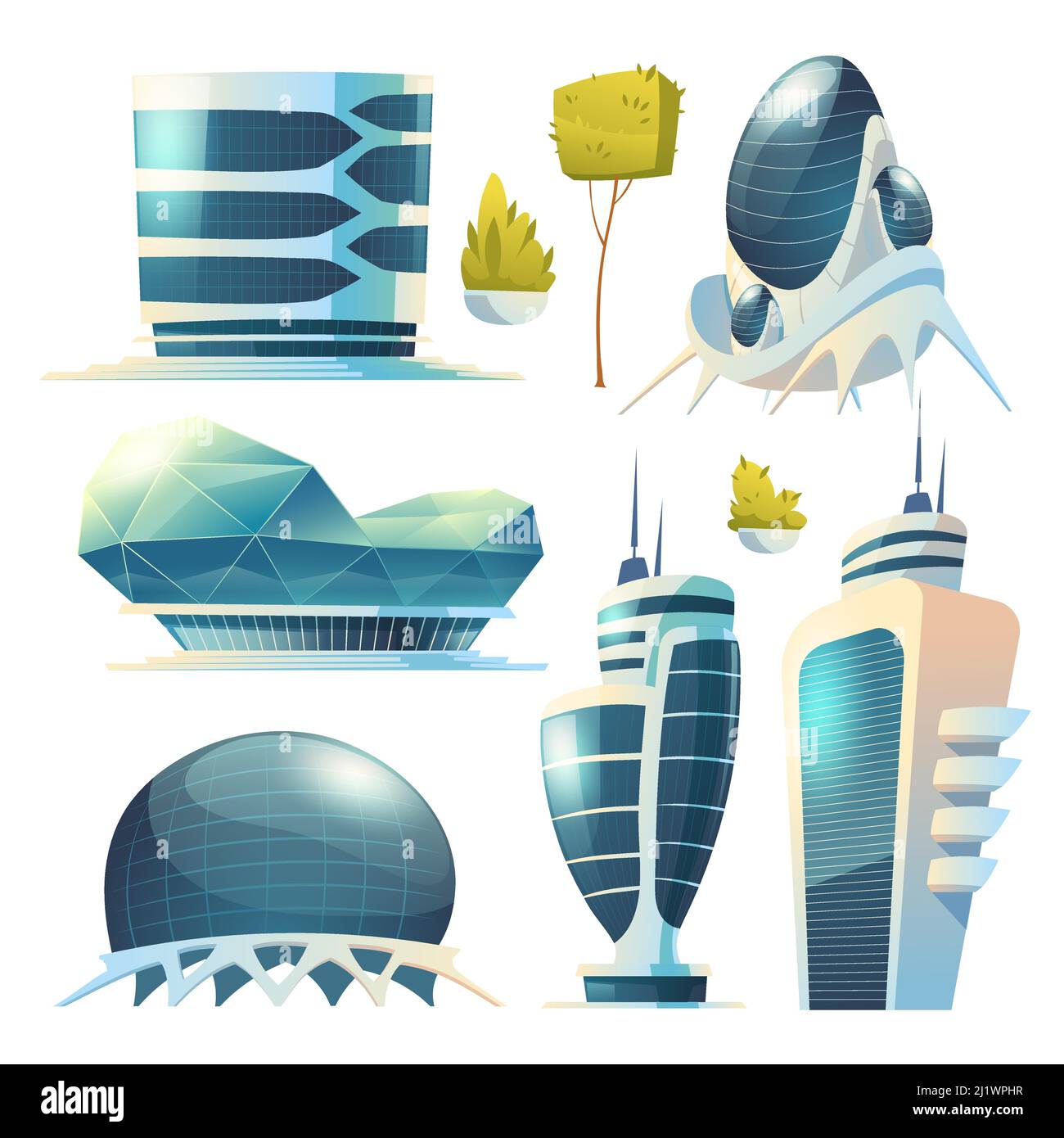 Città del futuro, futuristici edifici in vetro dalle forme insolite e piante verdi isolati su sfondo bianco. Torri e grattacieli dall'architettura moderna. R Illustrazione Vettoriale