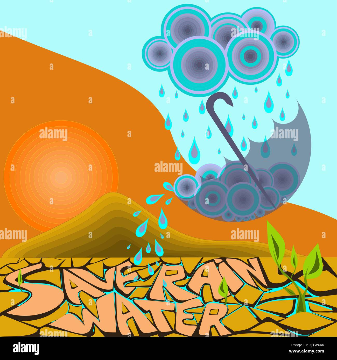 L'acqua è vita. Risparmiare la raccolta di acqua piovana. Soluzione al concetto di crisi idrica Illustrazione Vettoriale