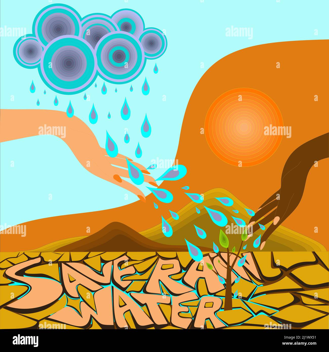 L'acqua è vita. Risparmiare la raccolta di acqua piovana. Soluzione al concetto di crisi idrica Illustrazione Vettoriale