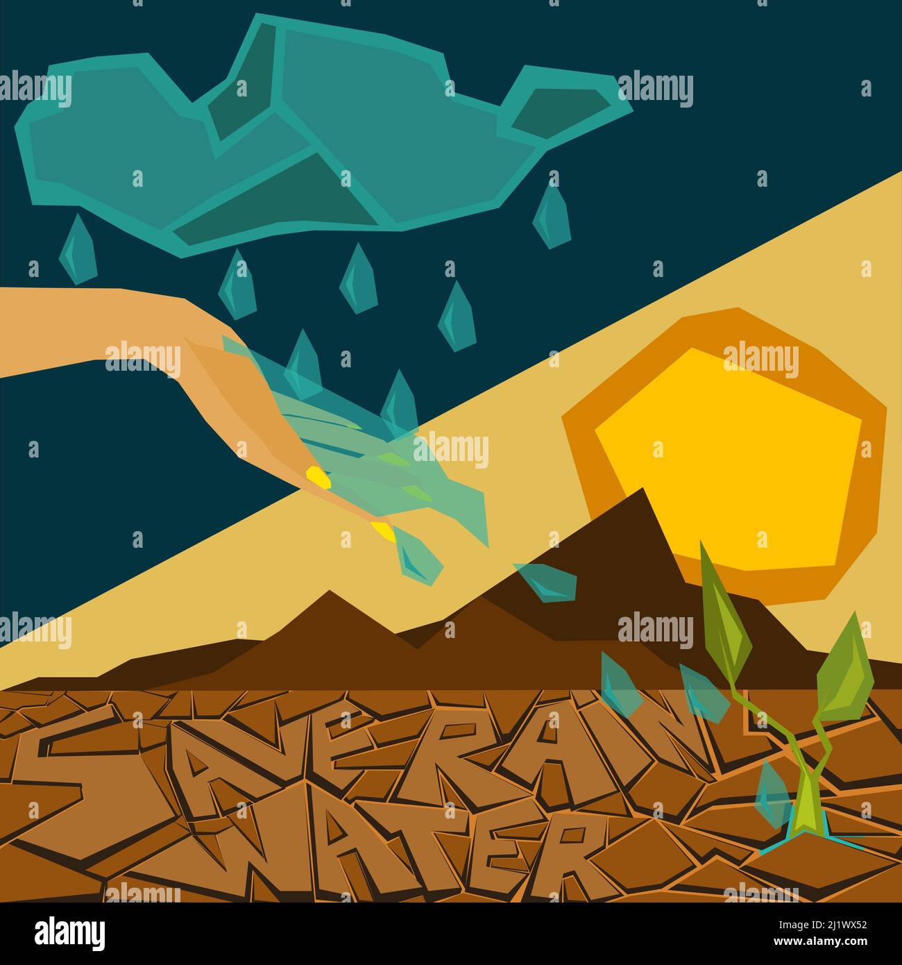 L'acqua è vita. Risparmiare la raccolta di acqua piovana. Soluzione al concetto di crisi idrica Illustrazione Vettoriale