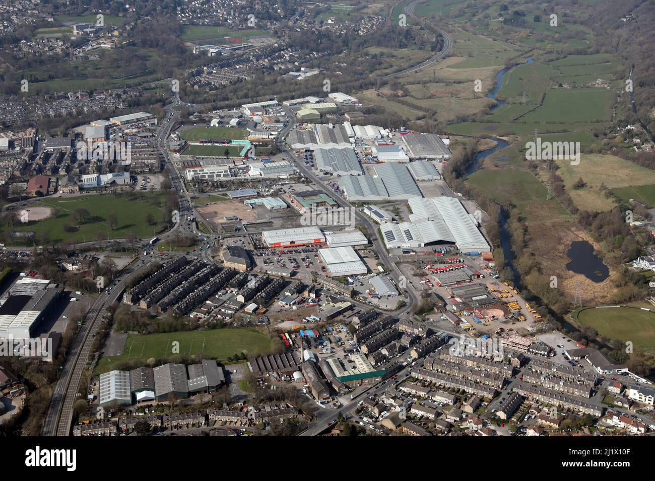 Vista aerea dell'Airedale Business Park & Riverside Business Park, Royd Ings Avenue, Keighley, West Yorkshire Foto Stock