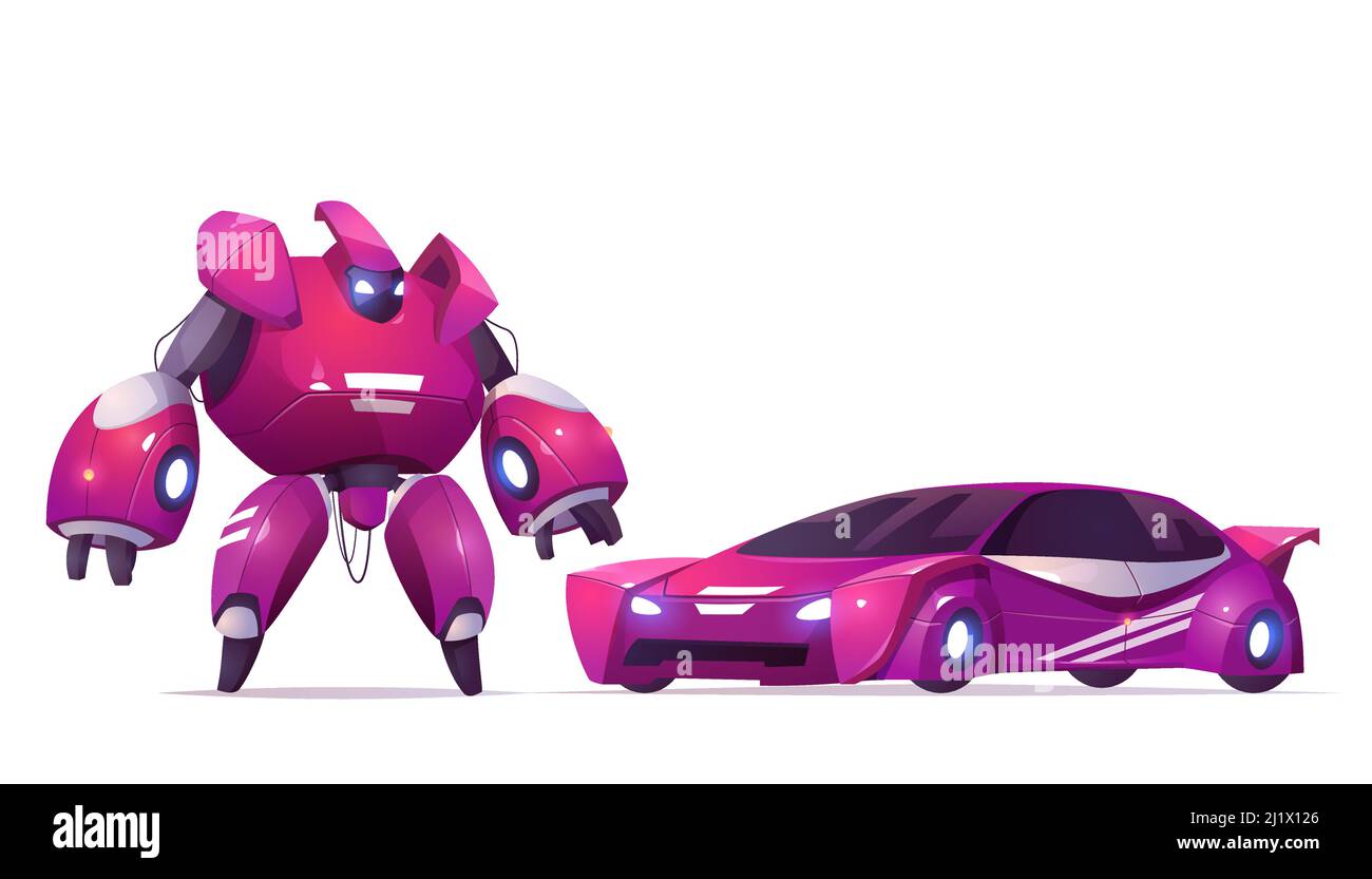 Robot trasformatore e auto sportiva, robotica e tecnologie di intelligenza artificiale cyborg, combattimento militare esoscheletro carattere, battaglia alieno cybern Illustrazione Vettoriale