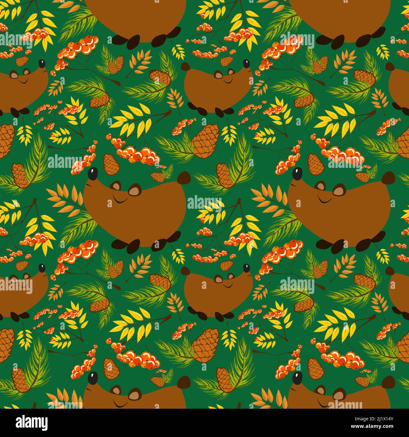 Foresta modello con animali e piante. Modello senza giunture per tessuti, carta e altri progetti di stampa e web. Illustrazione Vettoriale