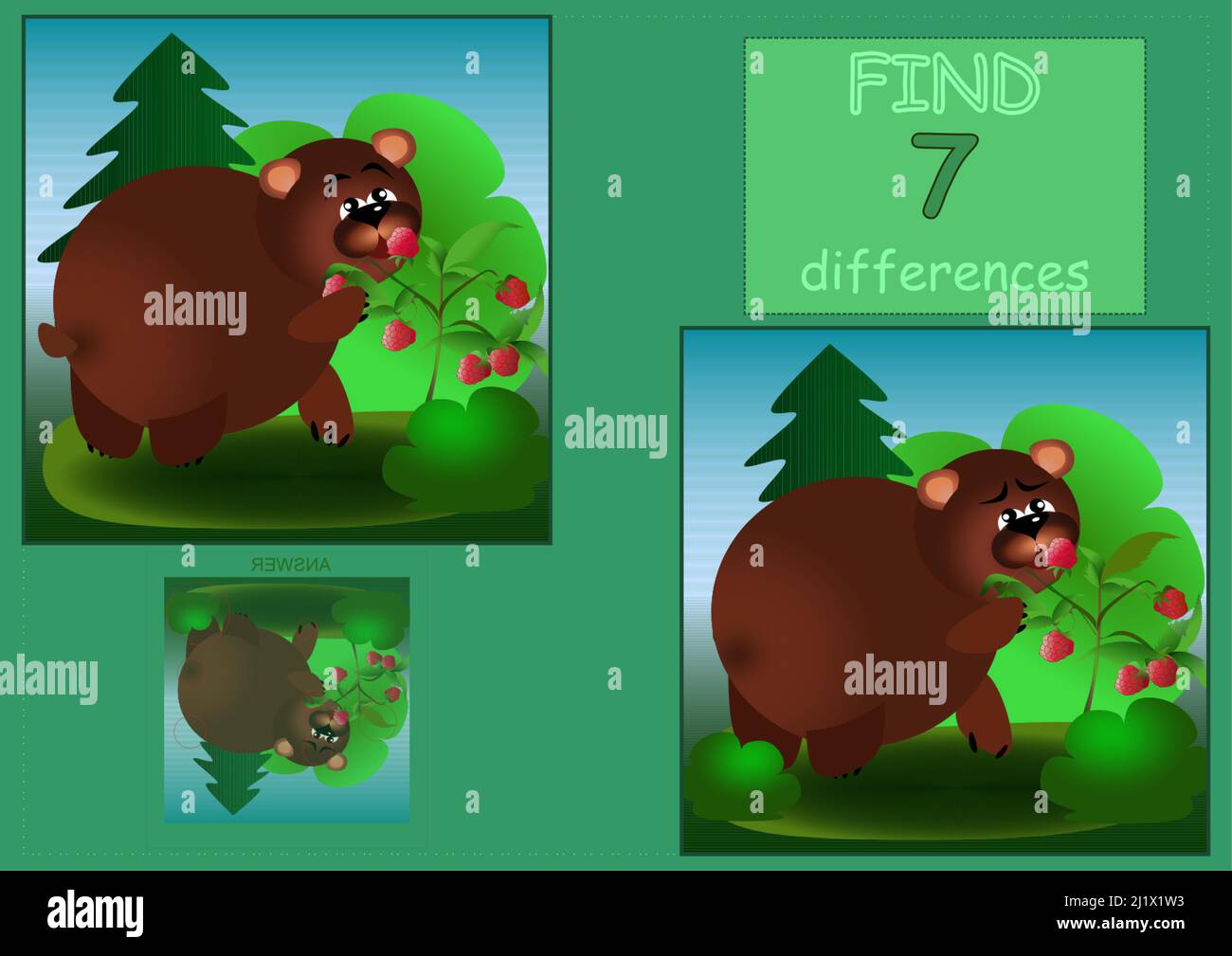 Trova 7 differenze orso marrone nella foresta mangiare lamponi illustrazione per bambini Illustrazione Vettoriale