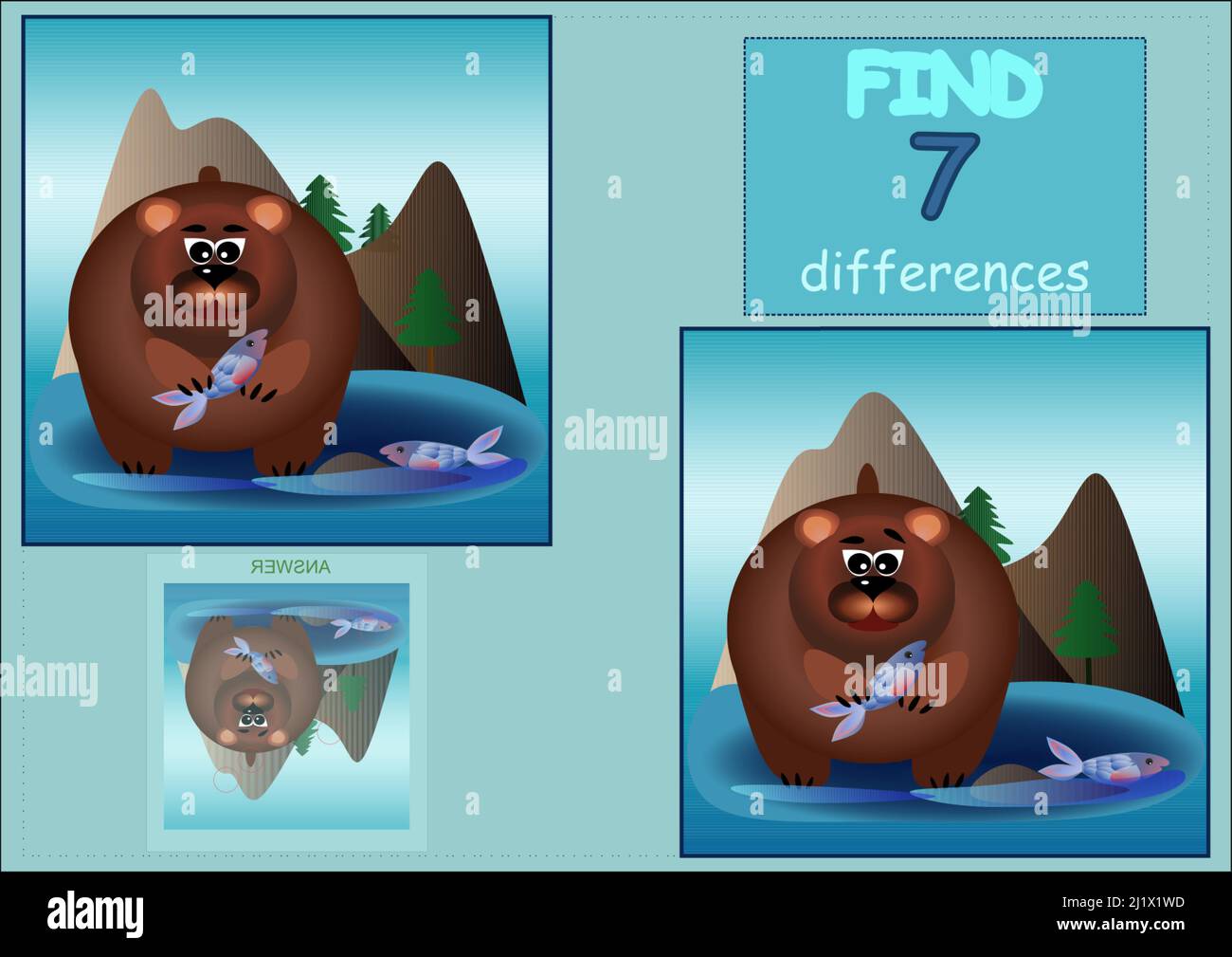 Trova 7 differenze orso marrone in un fiume di montagna cattura pesci illustrazione per bambini Illustrazione Vettoriale