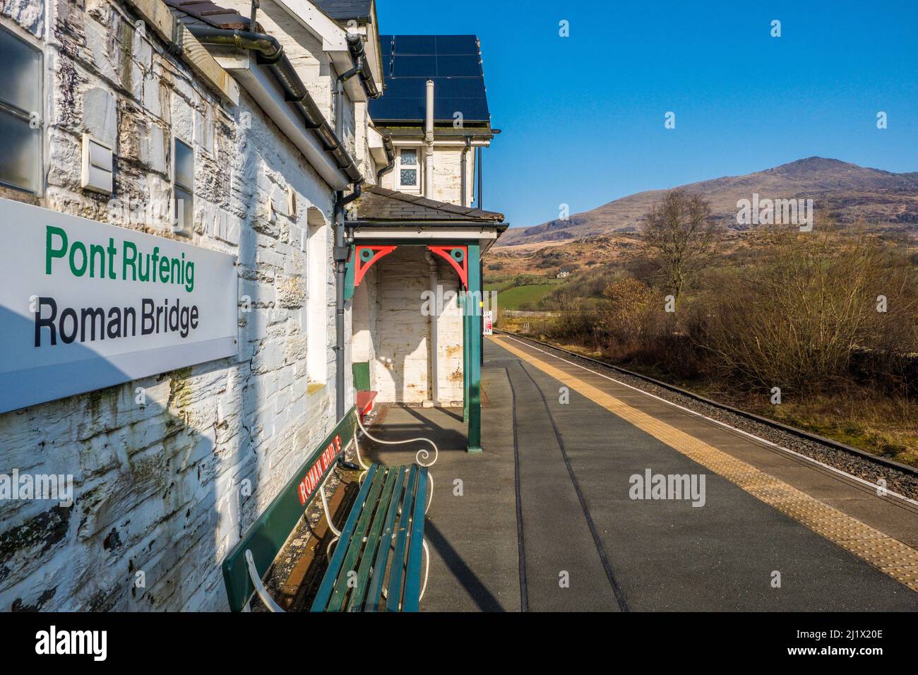 Stazione ferroviaria di Roman Bridge a Snowdonia, Galles del Nord Foto Stock