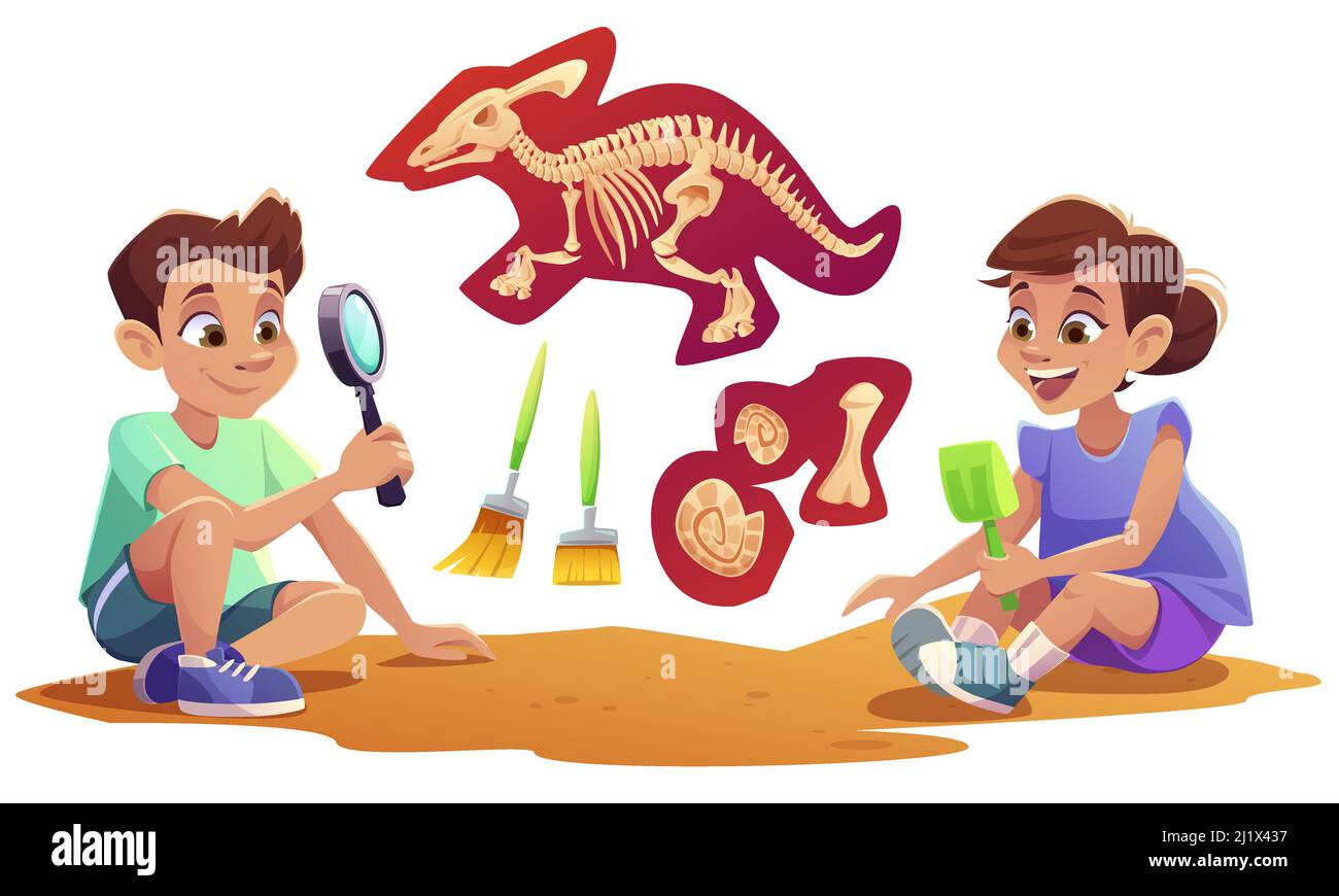 Bambini che giocano in archeologi che lavorano su scavi paleontologici scavando terreno con pala ed esplorando manufatti con lente d'ingrandimento. Bambini st Illustrazione Vettoriale