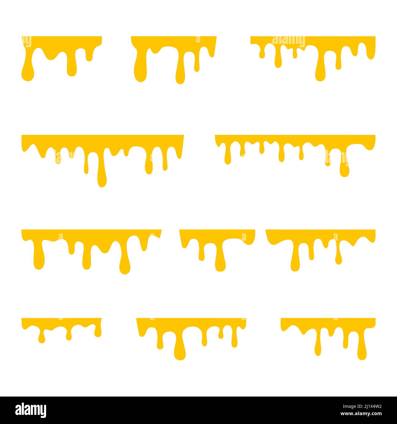 Cibo al miele gocciolante. Set di elementi gocciolanti liquidi dolci gialli. Simbolo del caramello dorato. Illustrazione Vettoriale