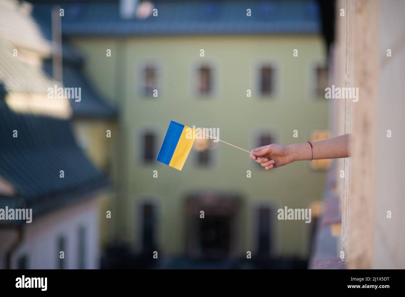 La mano della ragazza che blocca la bandiera Ucraina fuori dalla finestra solidarietà con l'Ucraina nel concetto di guerra. Foto Stock