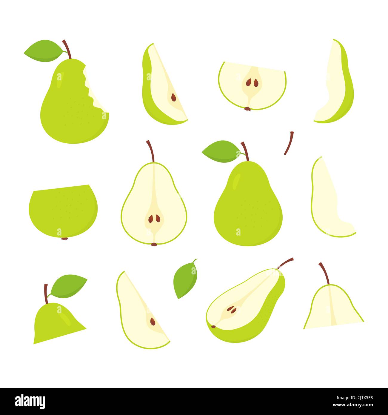 Collezione di pere. Fette dolci, frutta intera e mezza pera. Illustrazione Vettoriale