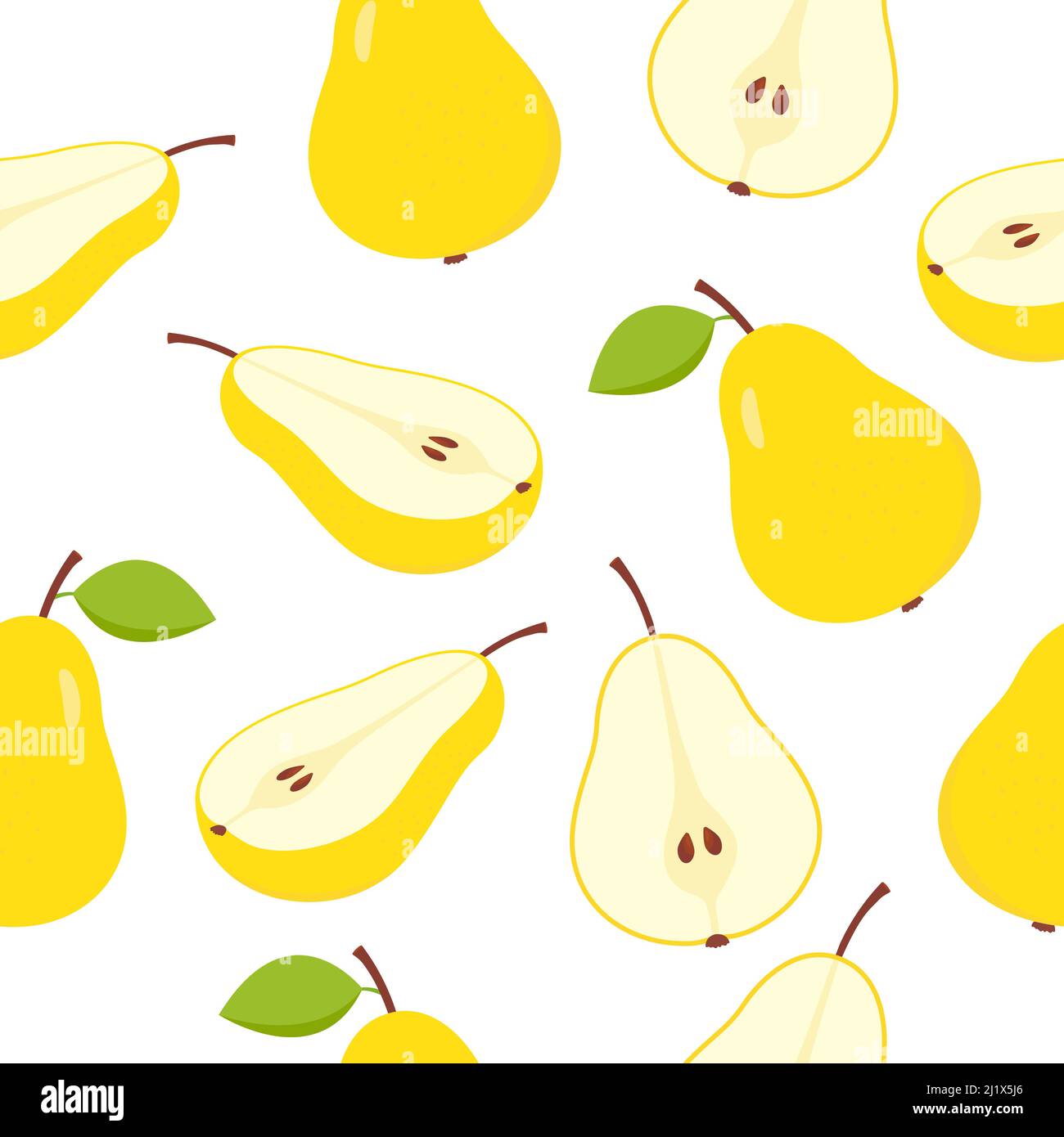 Modello di pere. Fette dolci, frutta intera e semi pera senza cuciture. Vettore isolato su bianco. Illustrazione Vettoriale