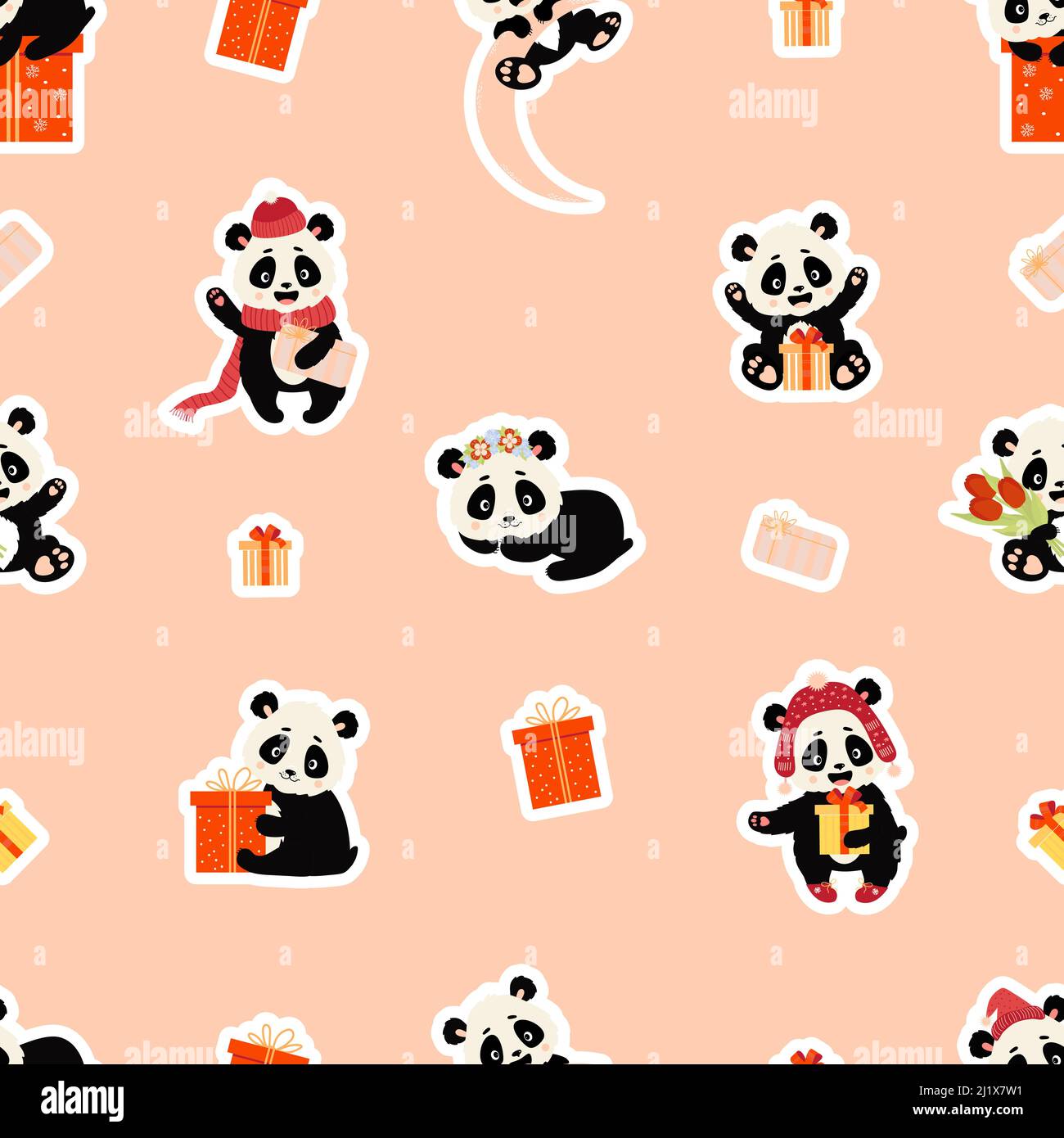 Pattern senza giunture con i personaggi dei panda. Carino panda in cappello invernale con regali, sulla luna e con bouquet di tulipani su sfondo rosa con scatole regalo. Ve Illustrazione Vettoriale