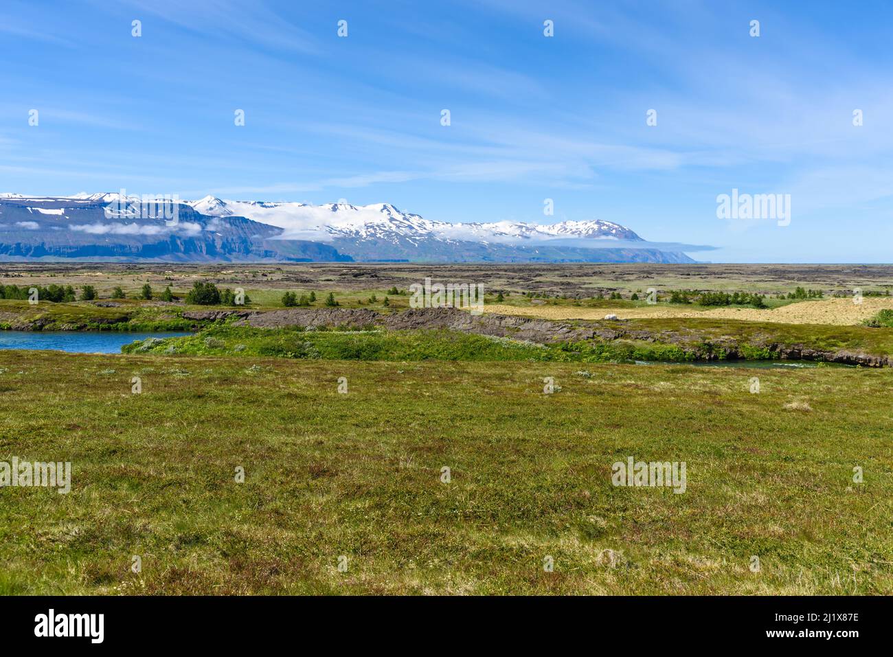 Pianura erbosa attraversata da un fiume con montagne snoe-capped in asckground in una giornata estiva soleggiata Foto Stock