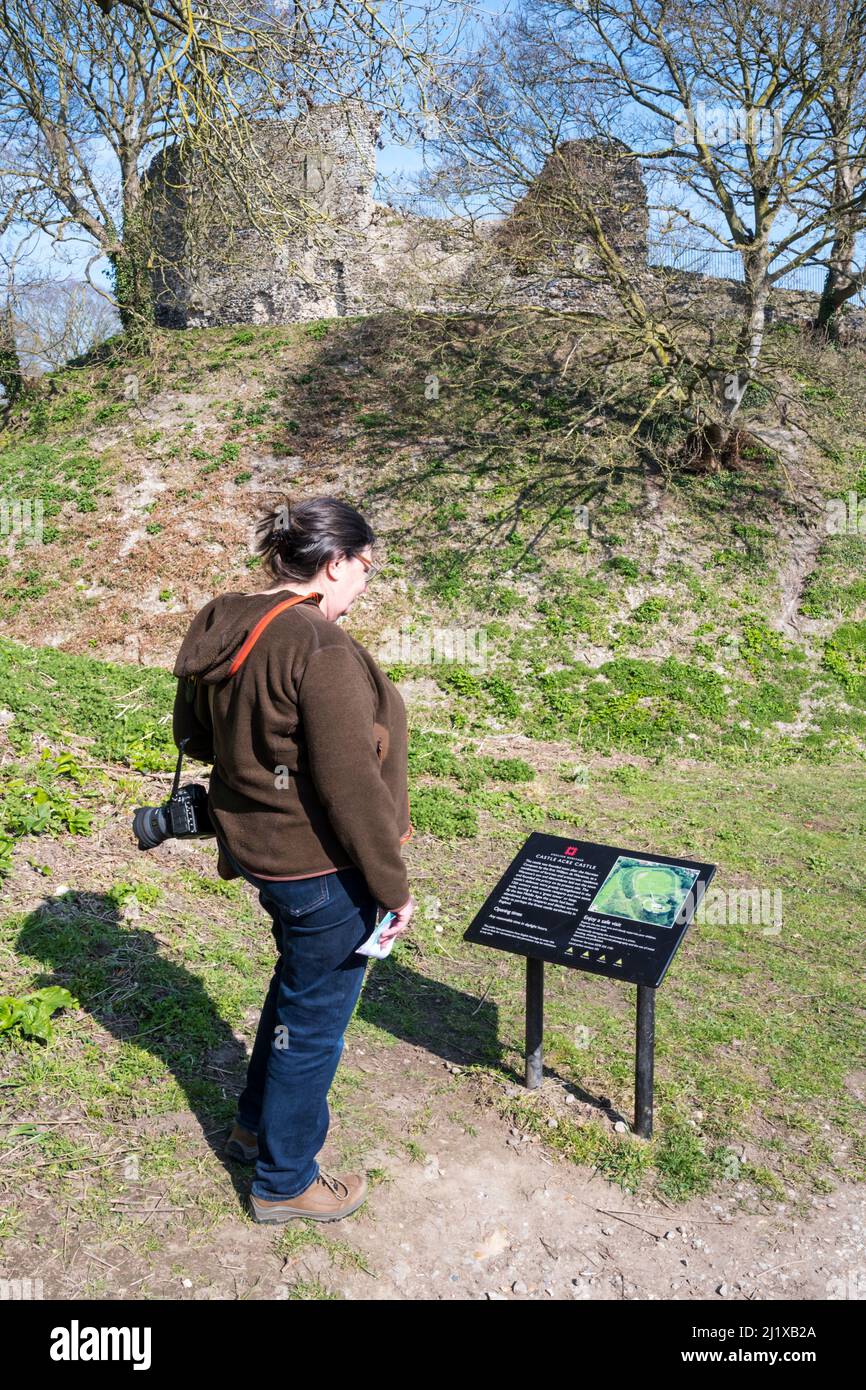 Un visitatore che legge un cartello interpretativo al castello di Castle Acre a Norfolk. Foto Stock