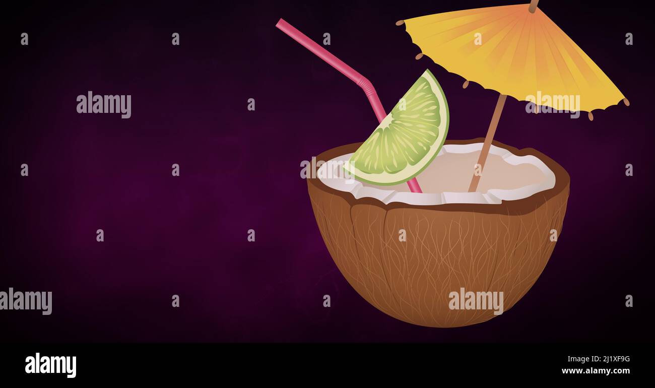 Immagine generata digitalmente dell'icona del cocktail di cocco con spazio di copia su sfondo viola Foto Stock