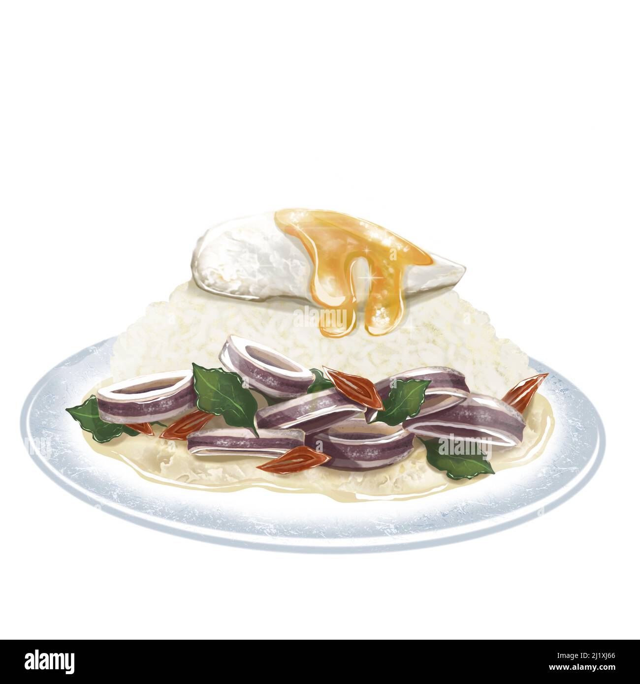 Illustrazione, piccante mescolare i frutti di mare fritti con basilli dolci e uovo fritto sul riso. Un piatto preferito facile trovato in Thailandia. Servito su piatto bianco, laterale Foto Stock