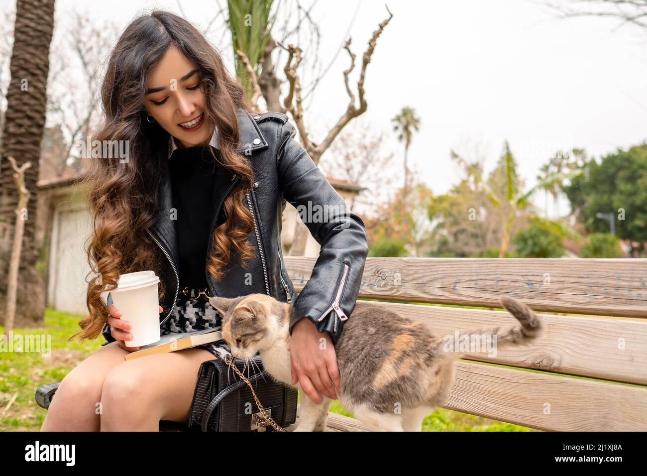 Amore animale, giovane donna seduto nel parco ama il gatto vagabondante che viene a lei, lei è in possesso di una tazza di cartone e ama un gatto, un pubblico pa Foto Stock