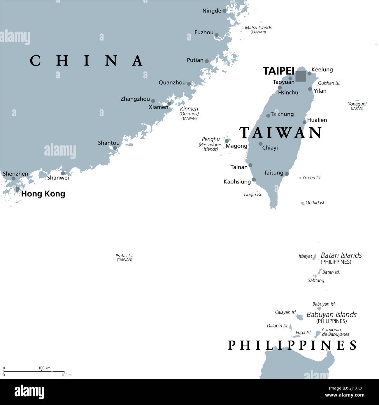 Area di Taiwan, mappa politica grigia, con capitale Taipei. Area libera della Repubblica di Cina, ROC. Isola principale e gruppi insulari di Taiwan. Foto Stock