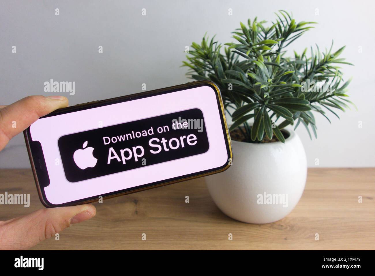 KONSKIE, POLONIA - 26 marzo 2022: Testo Scarica sull'App Store visualizzato sul cellulare Foto Stock