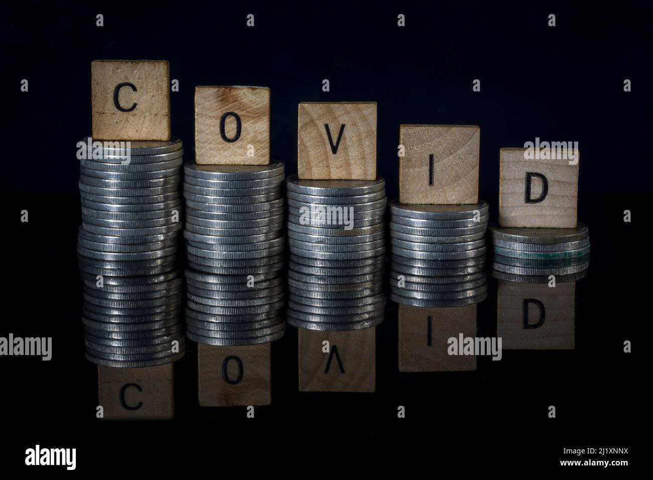 Crisi economica, lettere covid su pile di monete , analisi dell'impatto economico del virus corona, crisi economica e condizionio dei mercati finanziari Foto Stock
