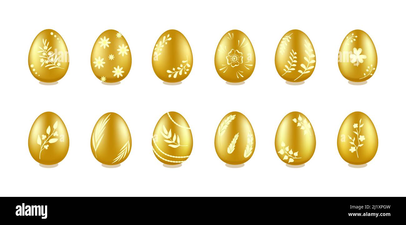 Uova di Pasqua dorate realistiche con disegni floreali ed erboristici Illustrazione Vettoriale
