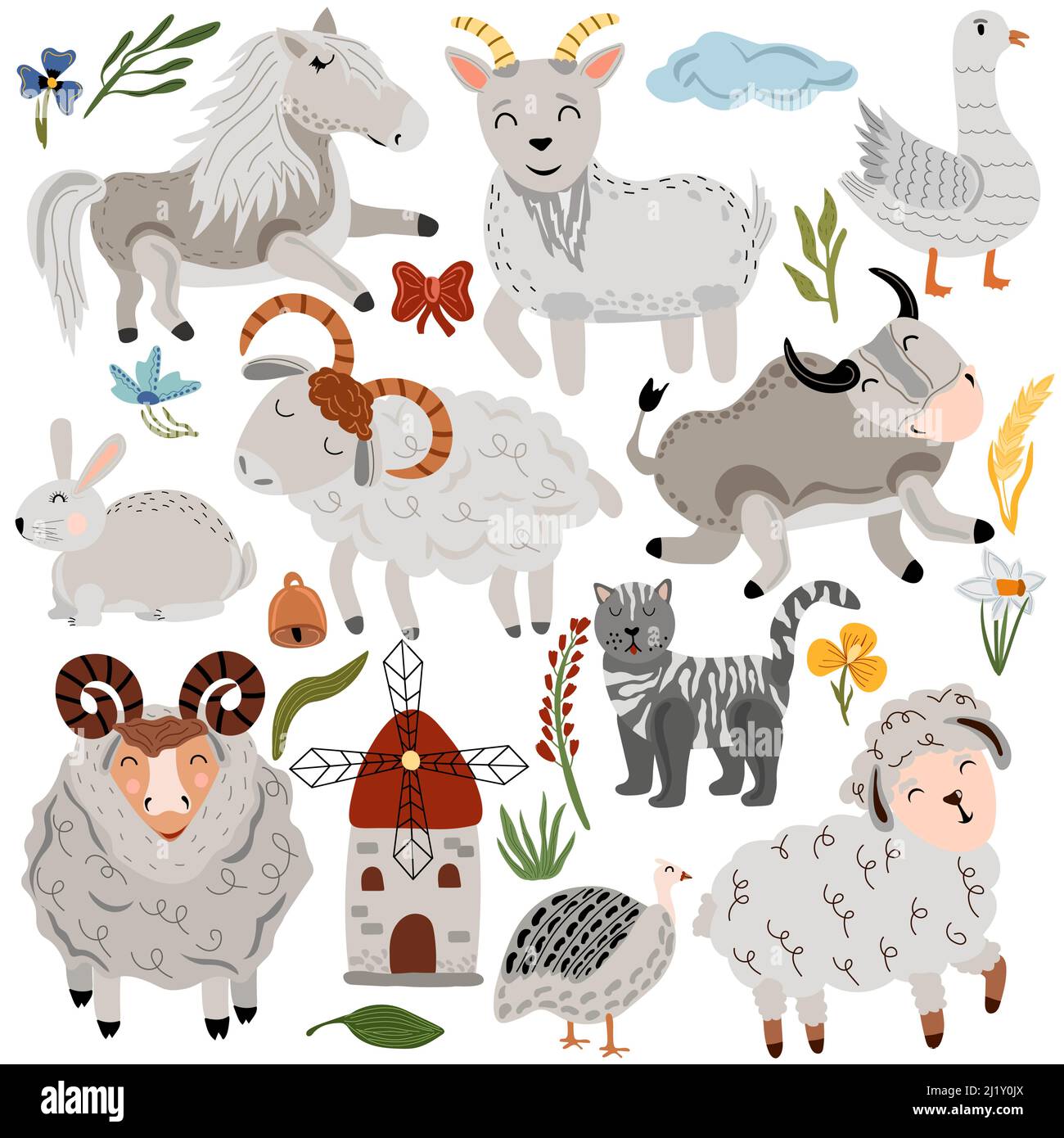 Fattoria con animali domestici, gatto, oca, pecora, pony, capra, toro. Animali carini in colori pastello. Animali da fattoria del villaggio su sfondo bianco. Animali boho. Illustrazione vettoriale. Illustrazione Vettoriale