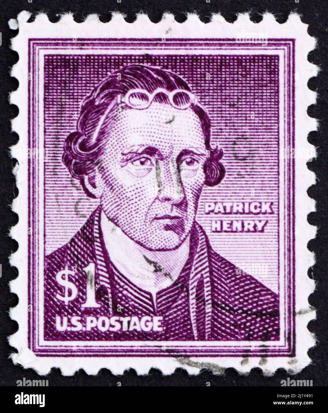 STATI UNITI D'AMERICA - CIRCA 1954: Un francobollo stampato negli Stati Uniti d'America mostra Patrick Henry, 1st e 6th governatore della Virginia 1776-1779 Foto Stock