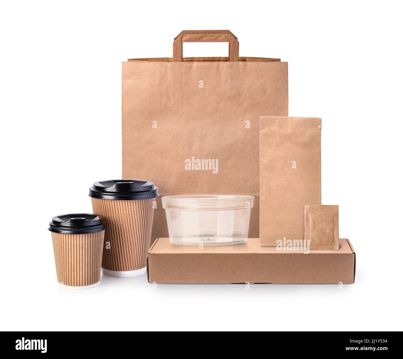 Set di imballaggio in cartone. Scatole e confezioni per la consegna di pizza, hamburger e fast food, borse per la spesa in bianco. Tazza da caffè usa e getta, mockup pacchetto da asporto. Foto Stock