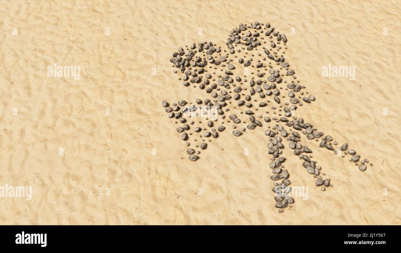 Concept pietre concettuali sulla spiaggia sabbia simbolo forma fatta a mano, sfondo sabbioso dorato, retro video macchina fotografica segno. 3d metafora di illustrazione per il film pr Foto Stock