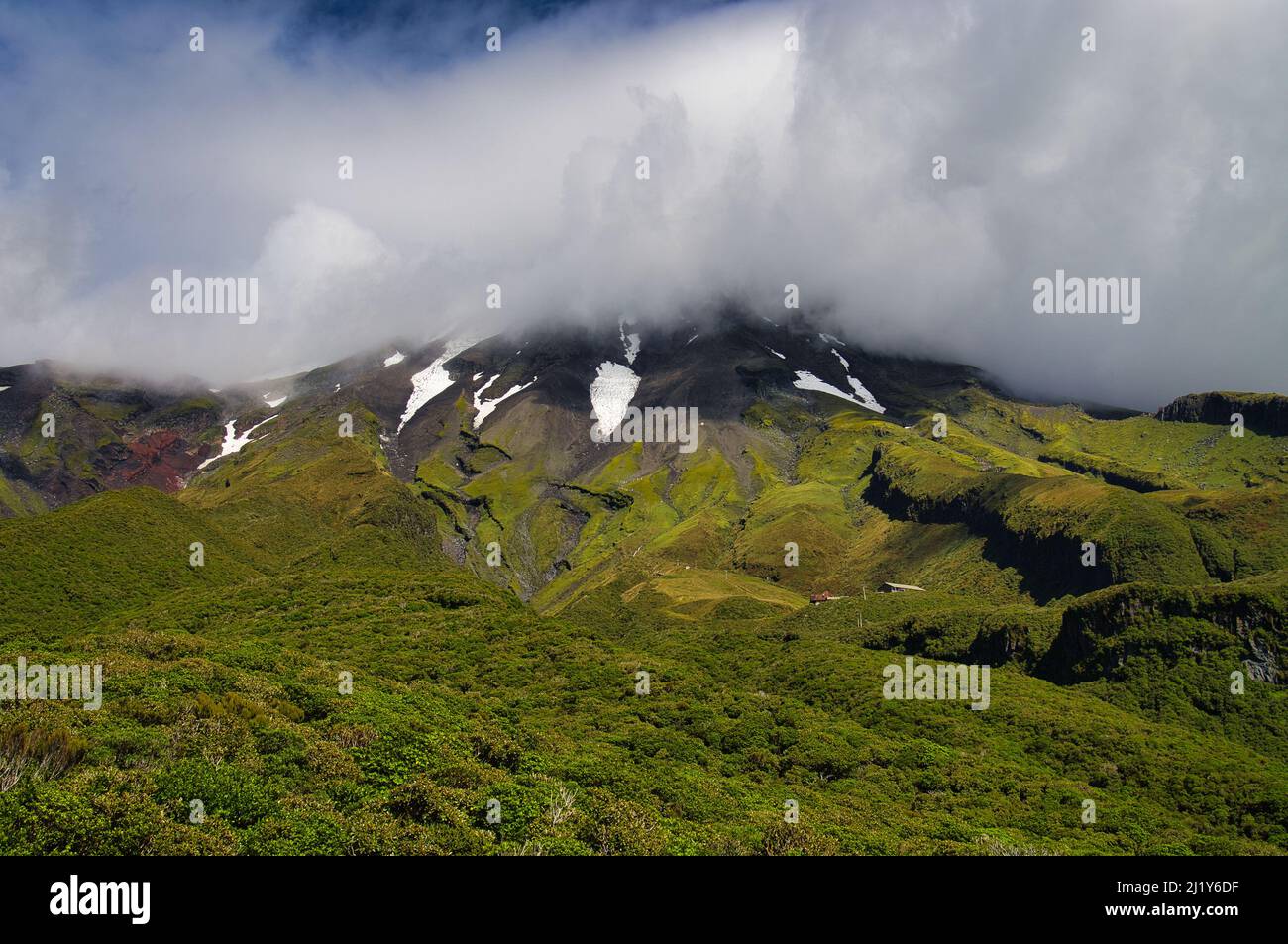 Monte Taranaki (Monte Egmont), un vulcano sull'Isola del Nord, Nuova Zelanda, con fitte foreste, scree e campi da neve. La parte superiore è nascosta da nuvole. Foto Stock