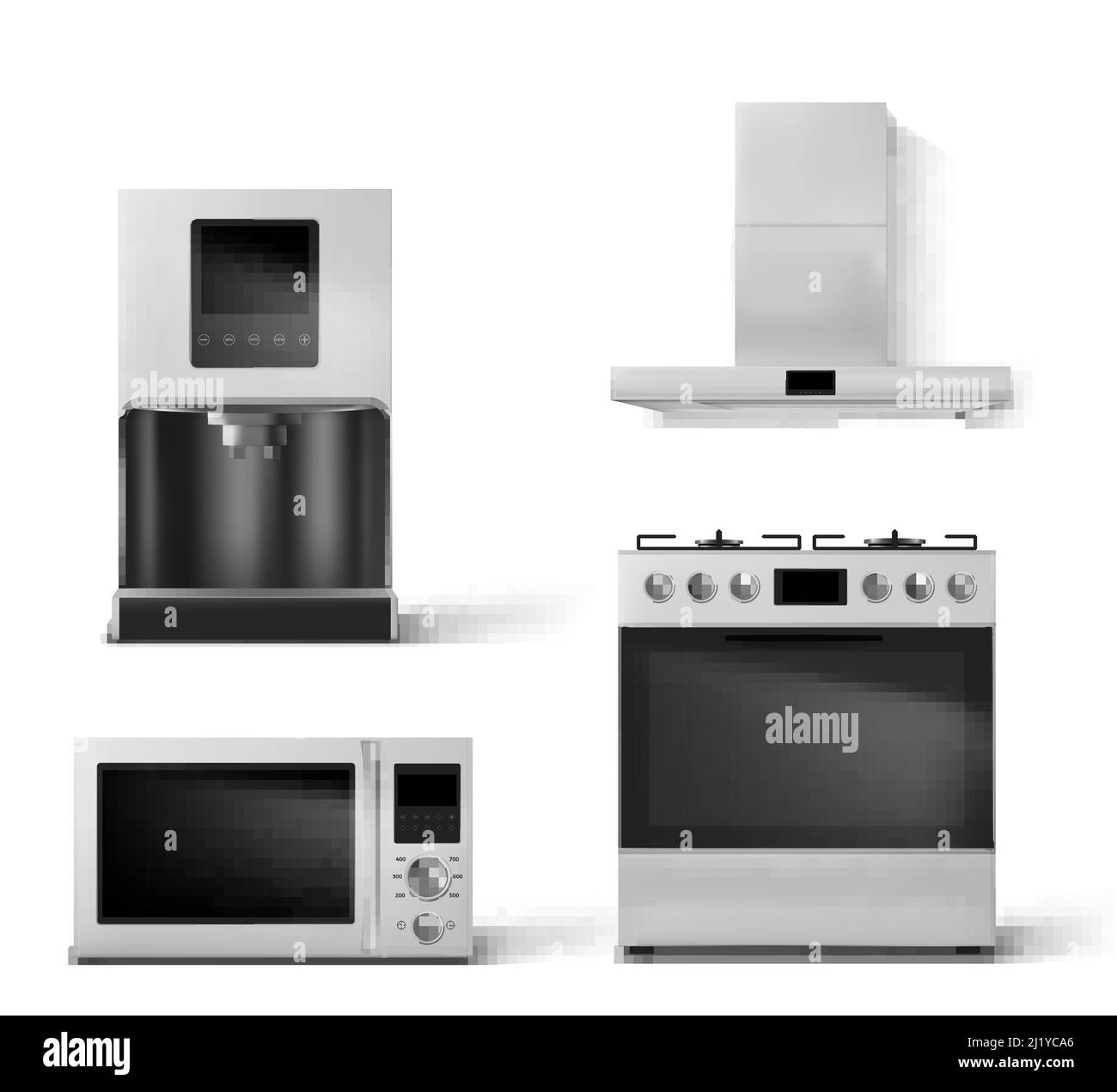 Elettrodomestici da cucina, forno a gas, cappa, microonde e macchina per il caffè. Smart home technics con wifi, display digitale per la visione frontale, apparecchiature home tech i Illustrazione Vettoriale